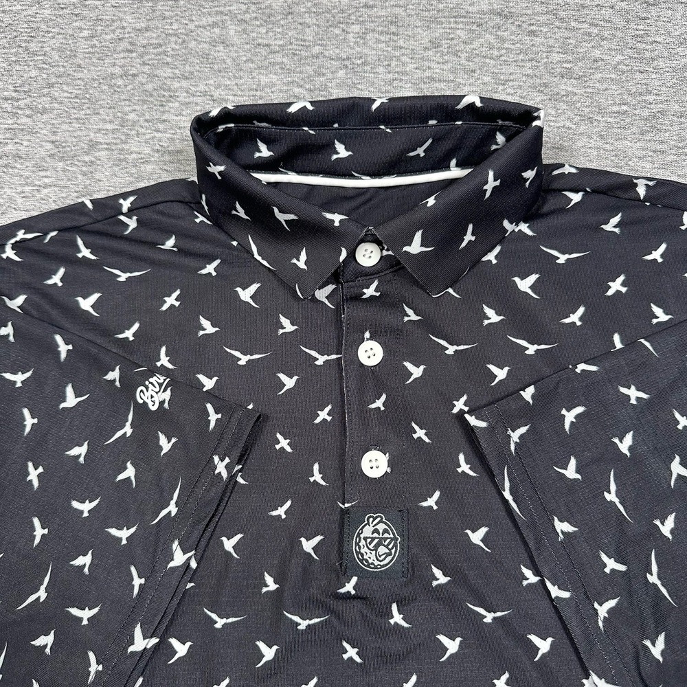 Birdie Boss Polo Shirt Mens Medium Black Bird Print Performance Stretch Golf